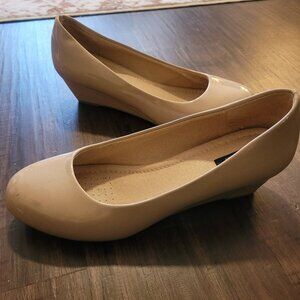 Patent Leather Beige Wedge Pumps